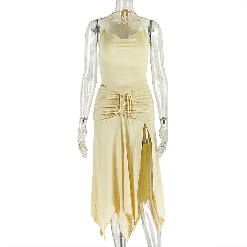 Chic Solid Color Two-Piece Dress Set With Pleated Neckline