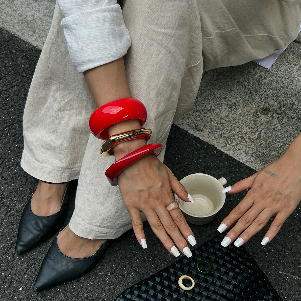 Trendy Geometric Resin Bracelets With Polished Metal Accents