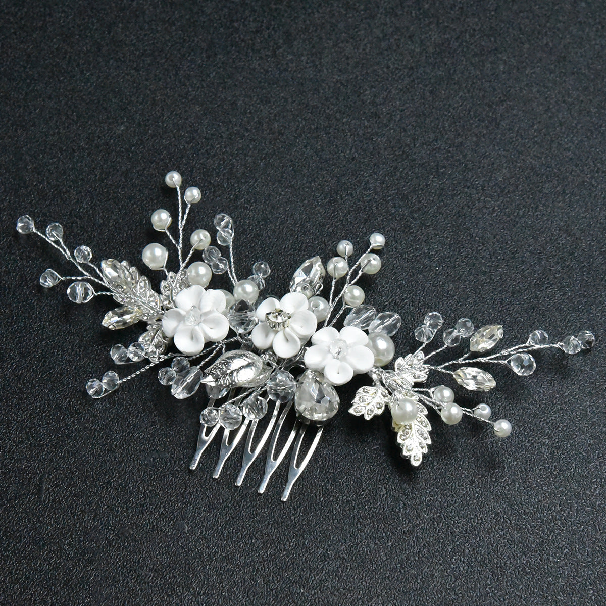 White Floral Bridal Hairpiece Handmade Crystal Beaded Comb
