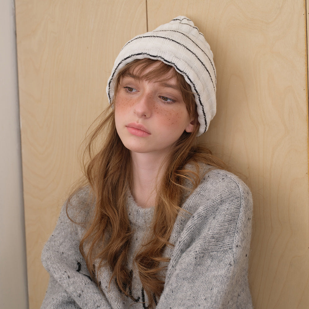 Striped Knit Beanie Hat Soft Wool Blend Casual Winter Hat