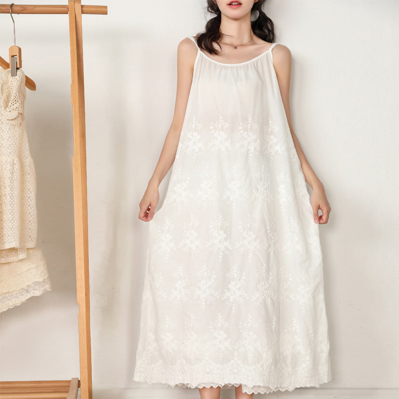 Solid Color Dress Embroidered Loose Waist Suspender Bottom Cotton Linen Maxi Skirt