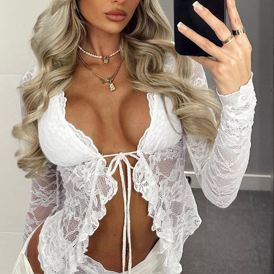 Sexy Hollow Out Lace Cardigan Long Sleeve Top