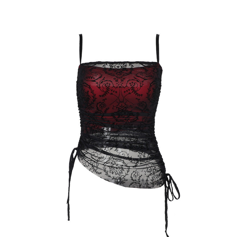 Dark Velvet Crop Top And Asymmetrical Lace Flare Pants Set