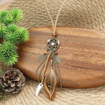 Vintage Feather Tassel Necklace Circle Dream Catcher Long Sweater Chain