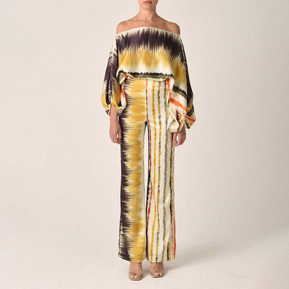 2025 Spring New Suit Printed Round Neck Loose Bat Sleeve Waist Wide Leg Pants Fashion Suit