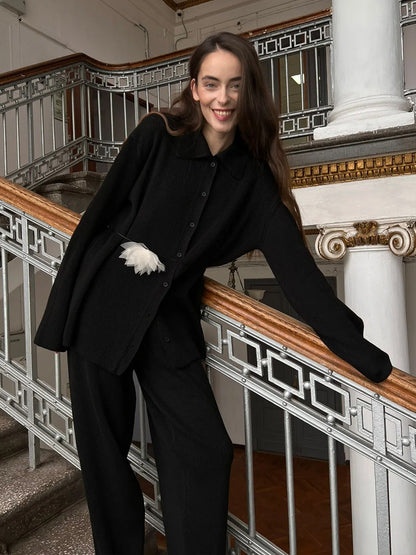 Oversized Knitted Lounge Set Casual Pullover and Pants