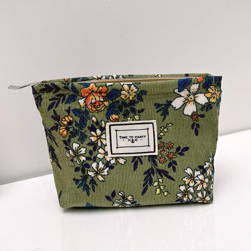 Corduroy Floral Zipper Makeup Bag Portable Travel Toiletry Organizer