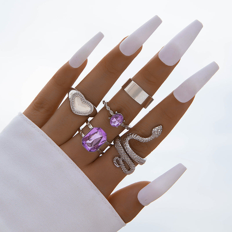 Snake Heart Shaped Gemstone Rings Jewelry Set