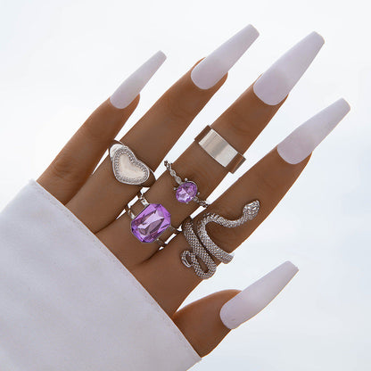 Snake Heart Shaped Gemstone Rings Jewelry Set