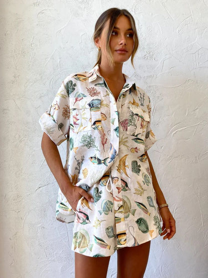 Fish Print Casual Short Sleeve Set for Vacation