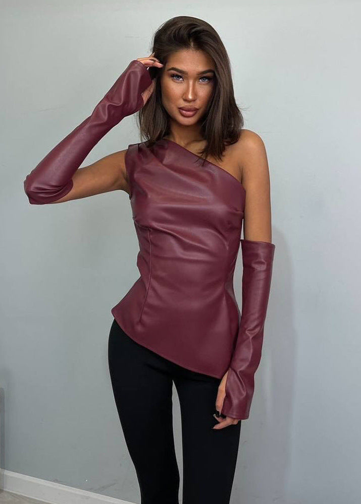 Asymmetric Eco Leather Top with Matching Gloves