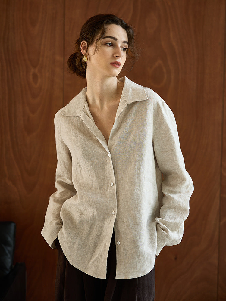 High-Quality Linen Long Sleeve V-Neck Blouse for Women