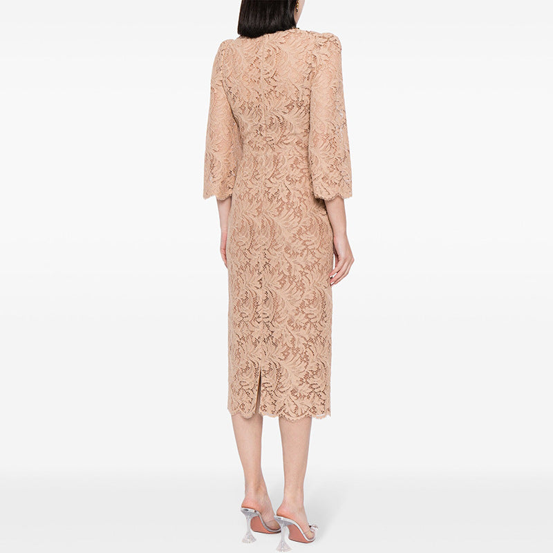 Beaded Long Sleeve Lace Dress Elegant Casual Style