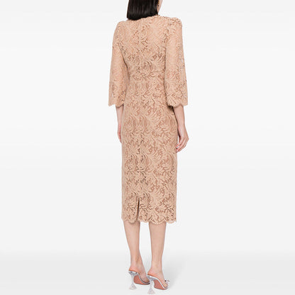 Beaded Long Sleeve Lace Dress Elegant Casual Style
