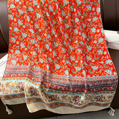 Ethnic Style Spring And Autumn New Blue Cotton Hemp Feel Thin Scarf With Flower Splice Fragmented Flower Retro Versatile Shawl