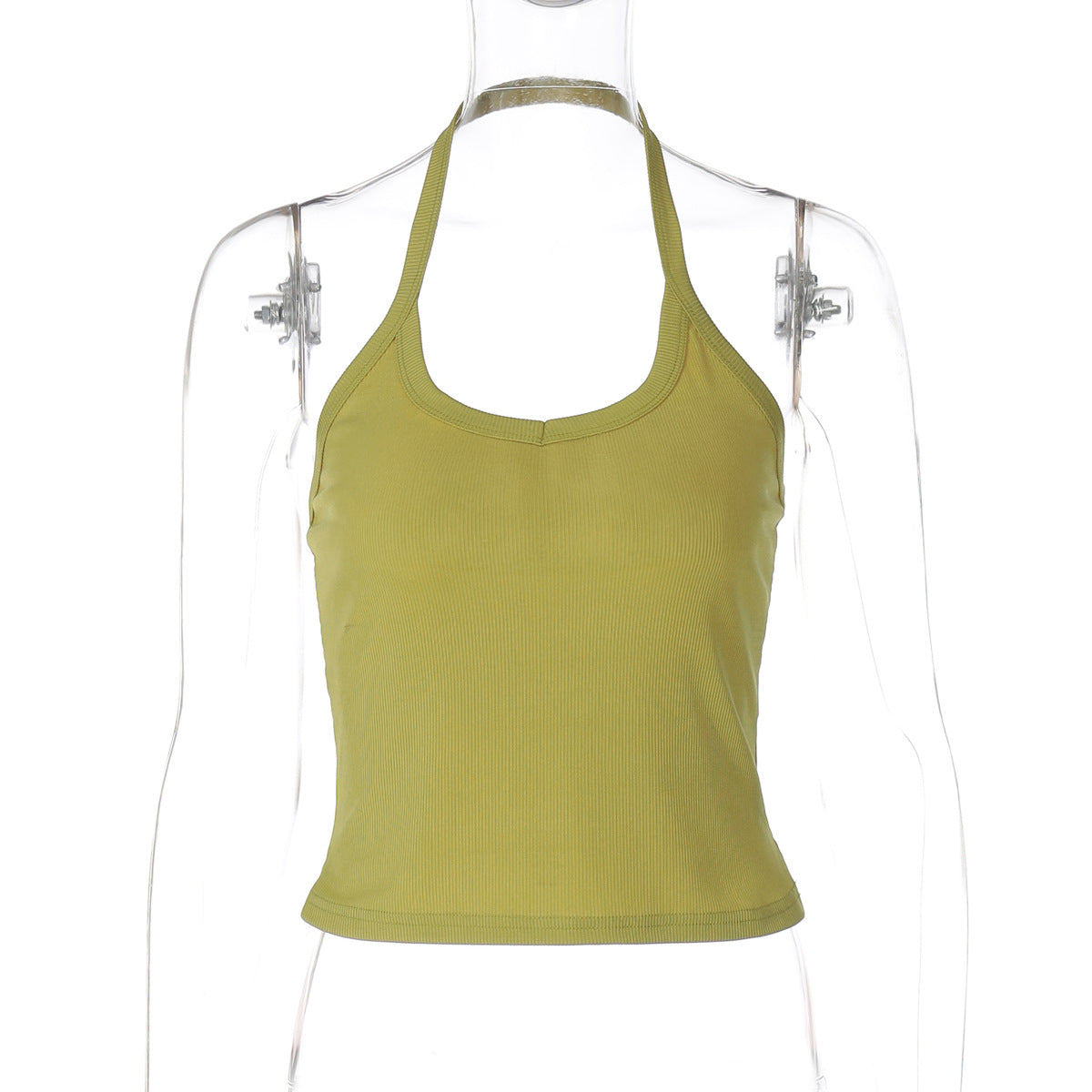 Sleeveless Knitted Top Sexy Fitted Halter Neck Solid Color