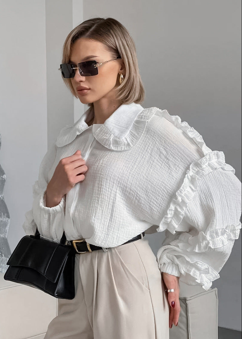 Ruffled Cotton Blouse With Peter Pan Collar