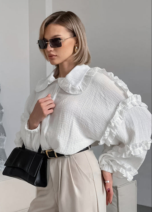 Ruffled Cotton Blouse With Peter Pan Collar