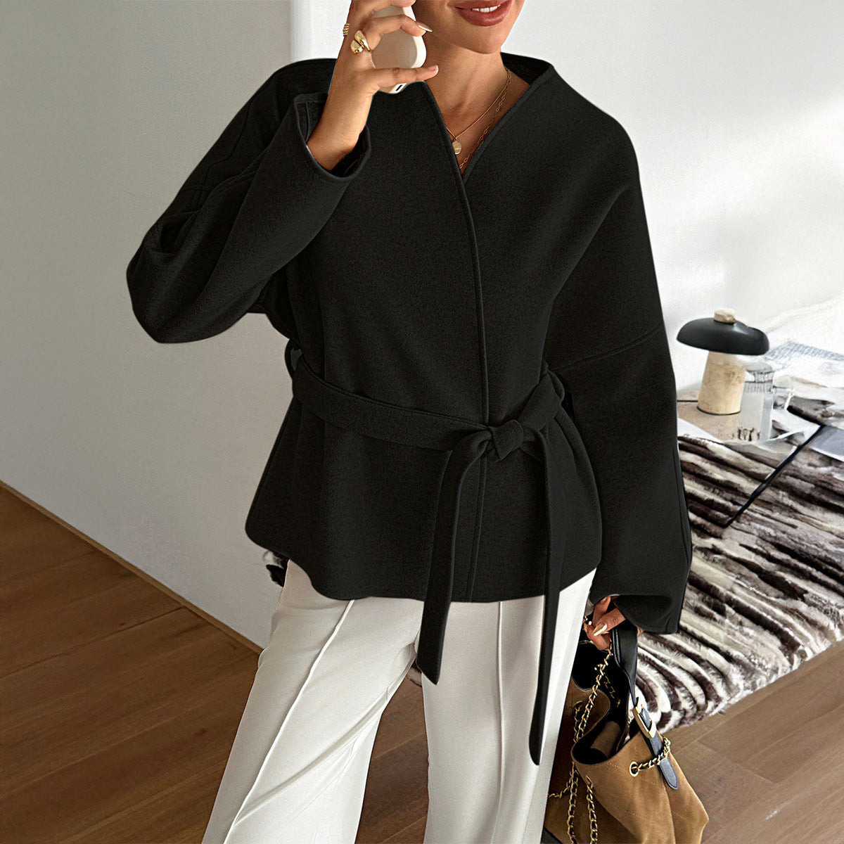Casual Belted Long Sleeve Blazer For Women