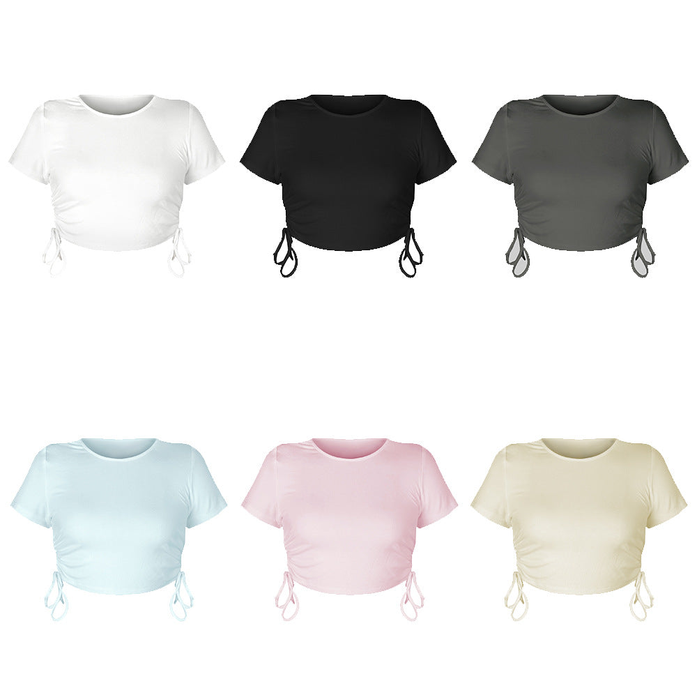Cropped Drawstring Casual T-Shirt with Ribbed Fabric