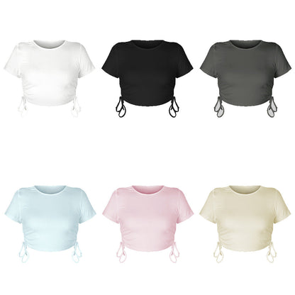 Cropped Drawstring Casual T-Shirt with Ribbed Fabric