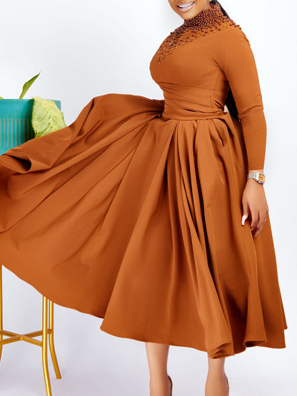 Elegant High Neck Beaded Maxi Dress For Women