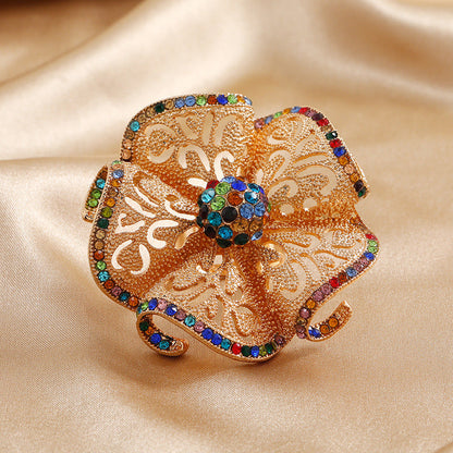 Fashion New Exaggerated Opening Three-Dimensional Noble Temperament Retro Hollow Diamond Flower Big Ring