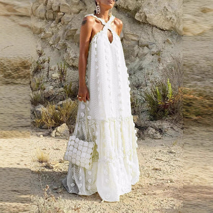 Fashionable Solid Color Maxi Dress with 3D Flower Embellishments