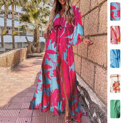 Elegant Floral Maxi Dress with Bow Tie Detail