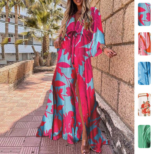 Elegant Floral Maxi Dress with Bow Tie Detail