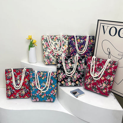 Trendy Floral Canvas Tote Bag Stylish Shoulder Bag