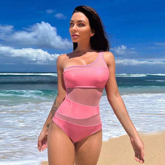 Swimsuit Women'S Skeletonized Swimsuit Mesh One-Piece Swimsuit Solid Color Bikini