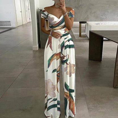 Elegant Off-Shoulder Floral Jumpsuit Stylish High-Waisted Pants