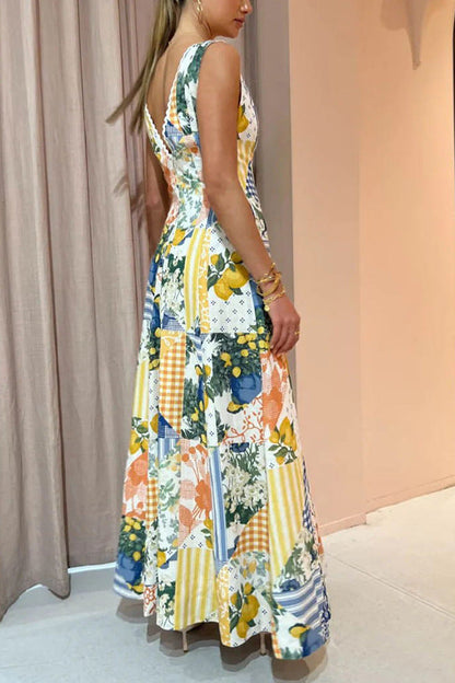 Summer Sleeveless Large V-Neck Large Swing Printed Casual Dress