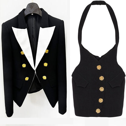 Fashionable Color Block Blazer With Metal Rose Button