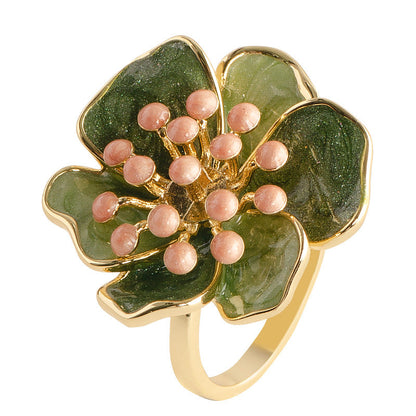 French Vintage Adjustable Enamel Camellia Flower Ring