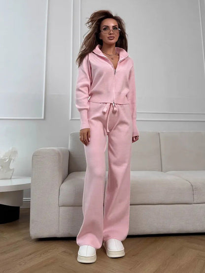 Chic Knitted Zipper Cardigan and Pants Set