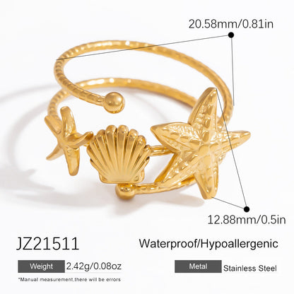 Ocean Series 18K Gold-Plated Stainless Steel Ring Stylish Open Ring for Women