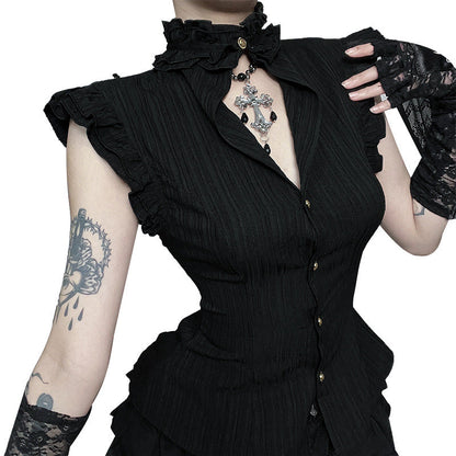Retro Open-Collar Ruffled Hem Crop Top for Women