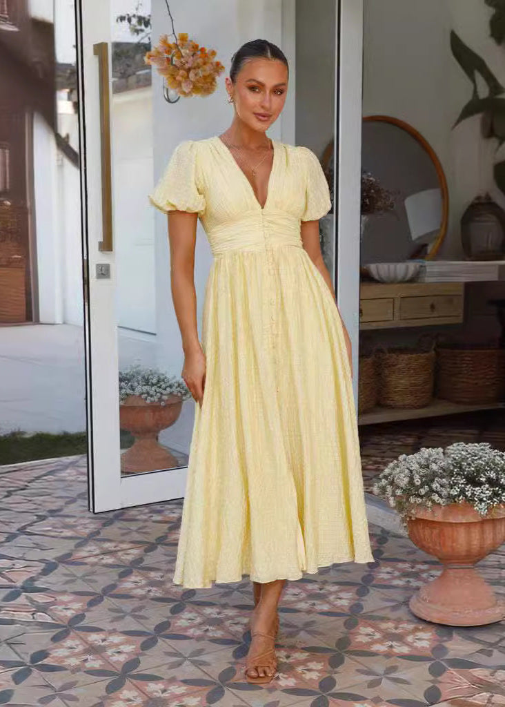 Smocked Midi Dress Light Textured Fabric Puff Sleeves