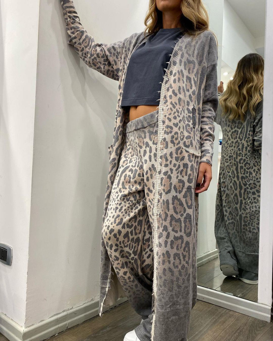 Leopard Print Long Sleeve Cardigan Set with Pants