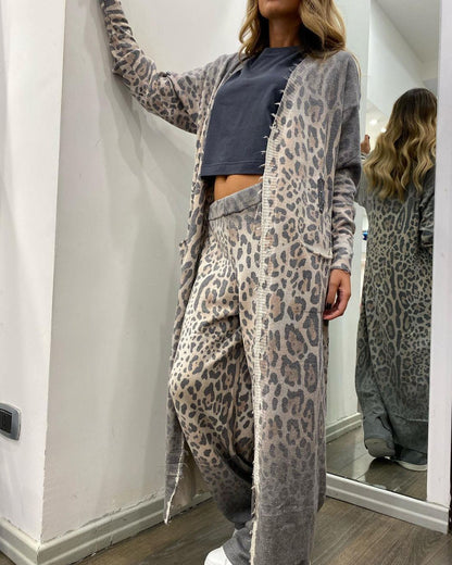 Leopard Print Long Sleeve Cardigan Set with Pants