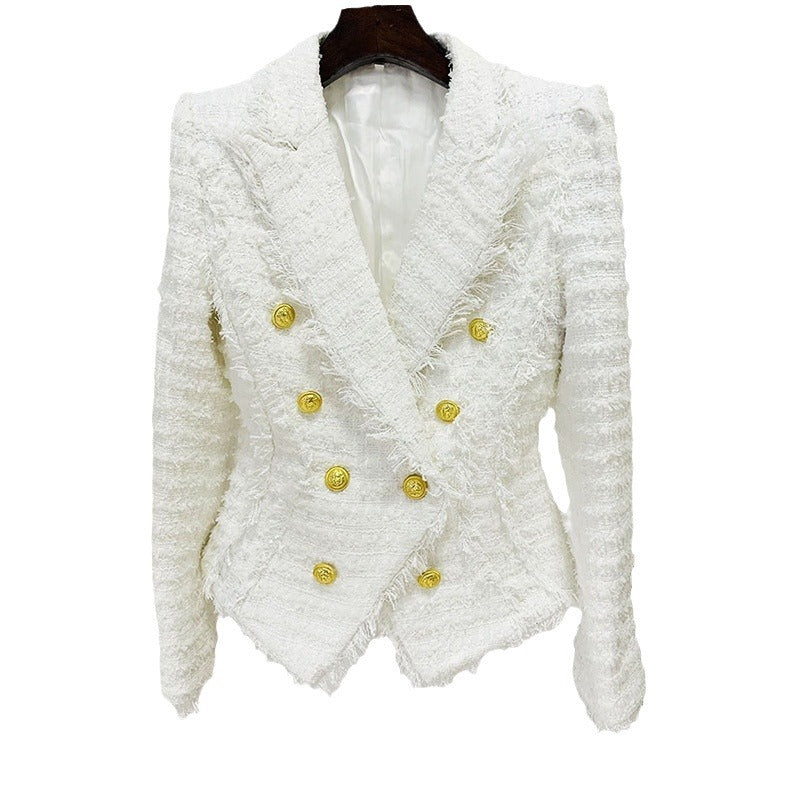 Trendy Fringed Tweed Blazer For Elegant Style