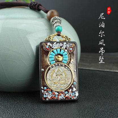 Vintage Nepal Thangka God Of Wealth Buddha Elephant God Ebony Pendant Necklace Exotic Sweater Chain