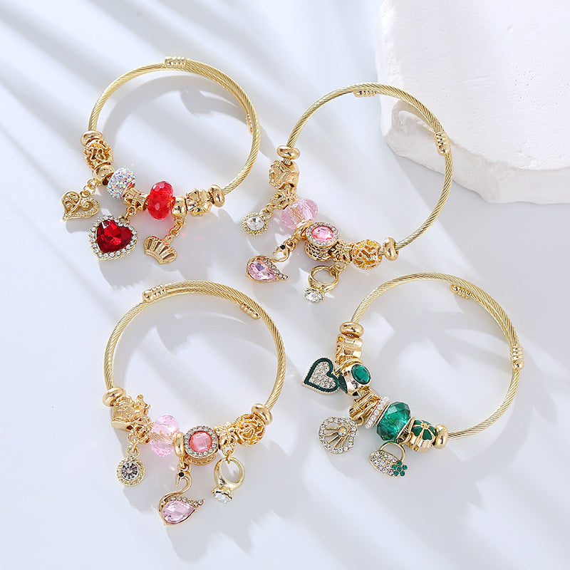 Adjustable Heart-Shaped Alloy Bracelet with Rhinestones