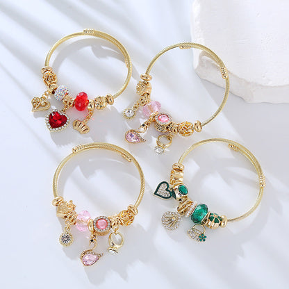 Adjustable Heart-Shaped Alloy Bracelet with Rhinestones