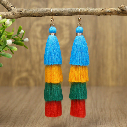 Bohemian Long Color Block Earrings With Tassels