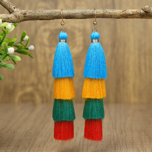 Bohemian Long Color Block Earrings With Tassels