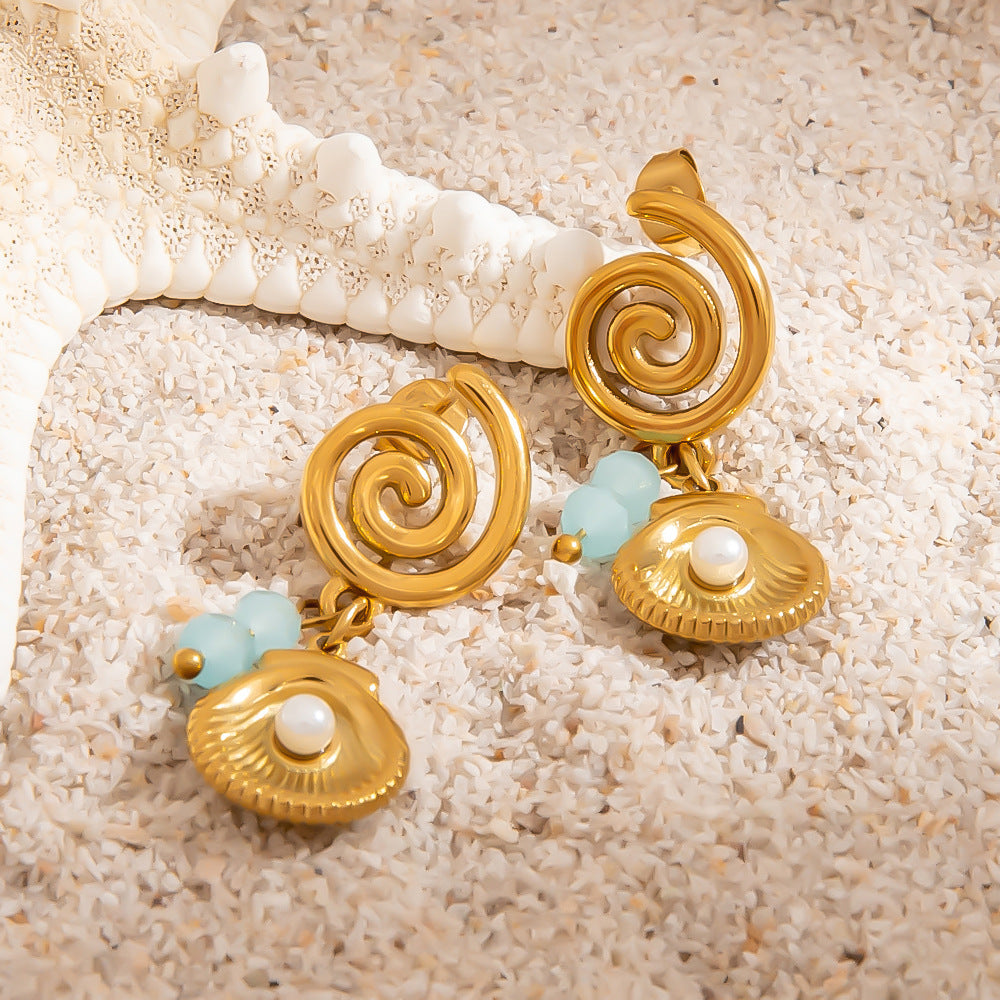 Ocean-Inspired Pearl Shell Pendant Earrings 18K Gold Titanium Steel