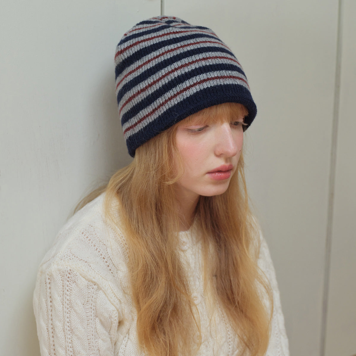 Striped Wool Blend Beanie Hat Soft Knit for Women